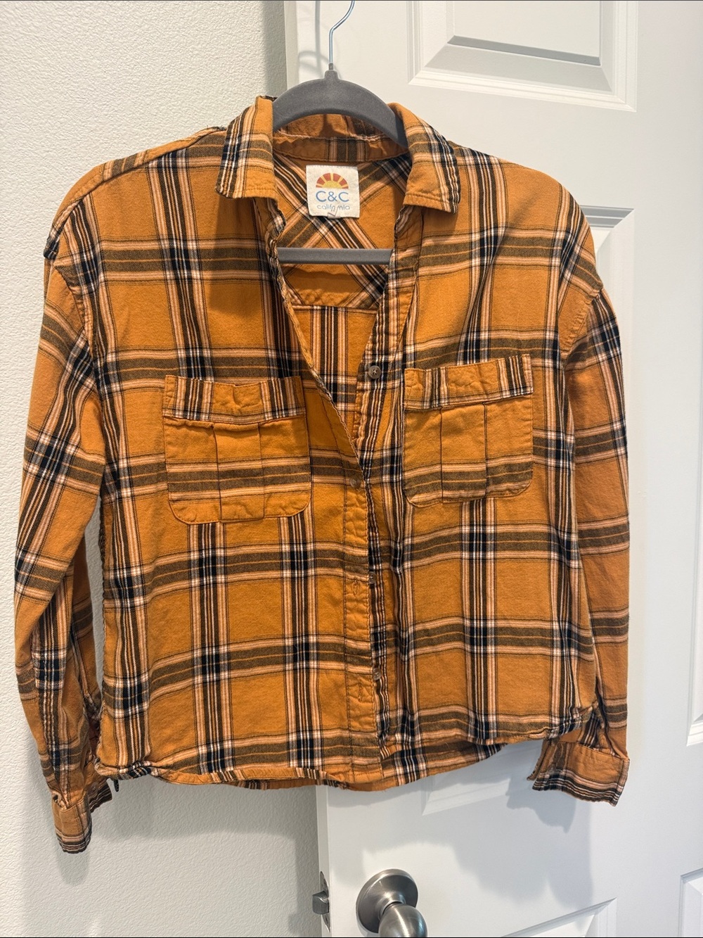 C.C cropped Orange Plaid Button-Down Shirt
